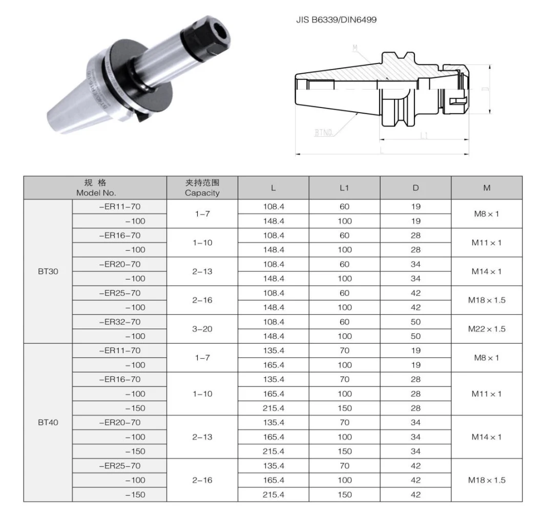 Good Quality Tool Holder Tooling System High Speed BT40-ER16-70 BT-ER Series